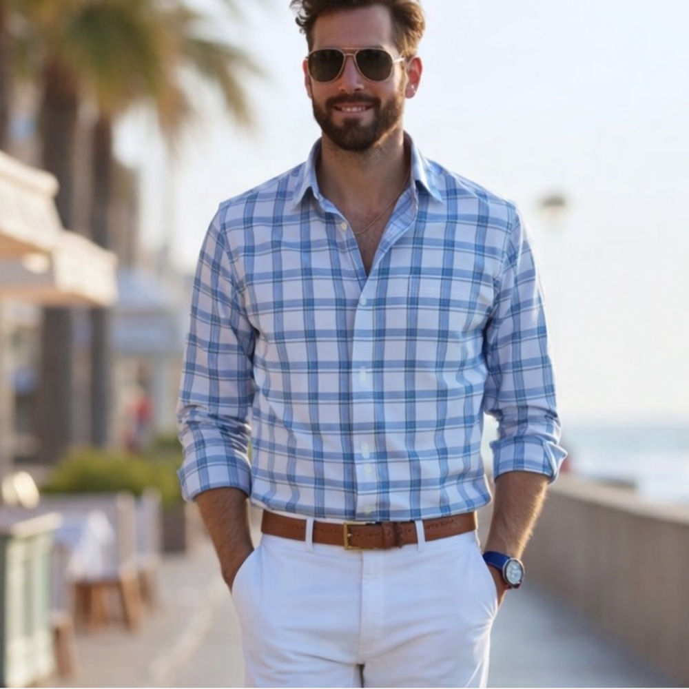 Tommy Bahama Paradise Pima Cotton Blue/White Checked Shirt Pocket Size Medium